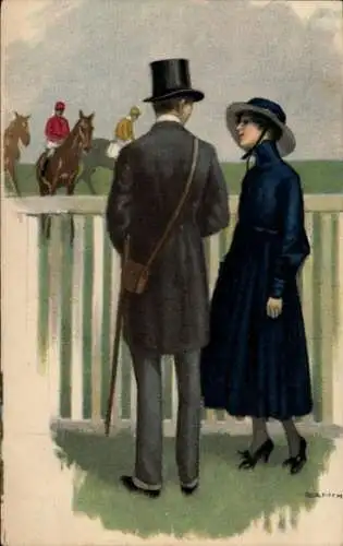 Künstler Ak Bianchi, Paar an der Pferderennbahn, Jockeys