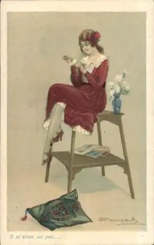 Künstler Ak Bompard, Sergio, verliebte Frau zupft Blüte