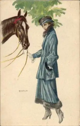 Künstler Ak Bianchi, Frauenportrait, Mantel, Pferdekopf