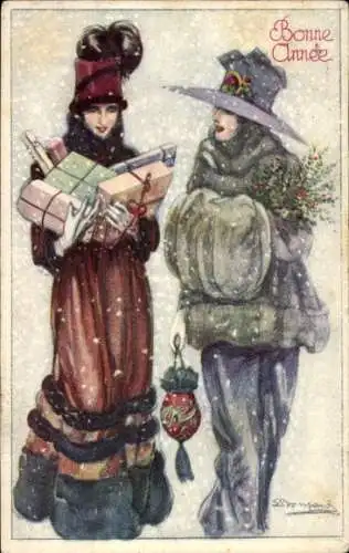 Künstler Ak Bompard, Sergio, Bonne Année, Frauen mit Geschenken