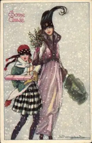 Künstler Ak Bompard, Sergio, Fröhliches Neujahr, Frau und Mädchen, Geschenke