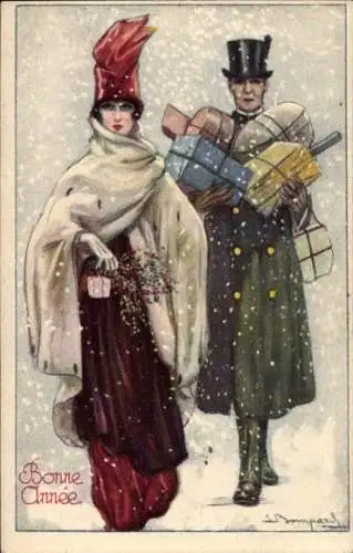 Künstler Ak Bompard, Sergio, Paar mit Geschenken, Schneegestöber, Bonne Année