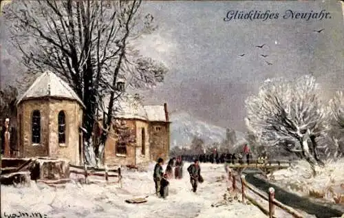 Künstler Ak Glückwunsch Neujahr, Kinder, Schnee, Schlitten