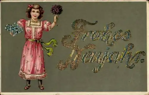 Präge Ak Glückwunsch Neujahr, Mädchen mit Blumenstrauß