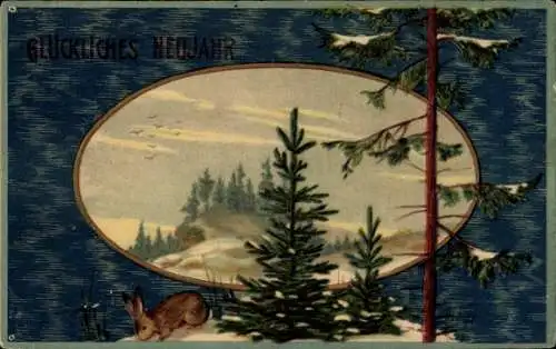 Präge Ak Fröhliches Neujahr, Winterlandschaft, Hase