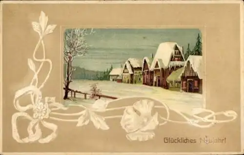 Präge Ak Glückwunsch Neujahr, Häuser, Schleife