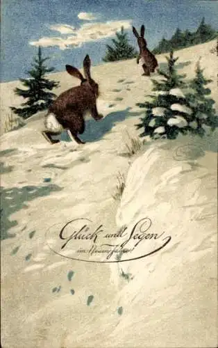 Künstler Ak Fröhliches Neujahr, Hasen, Winterlandschaft