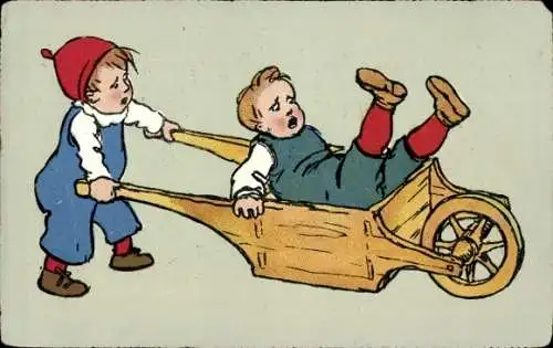 Künstler Ak Kinder mit Karre, Humor