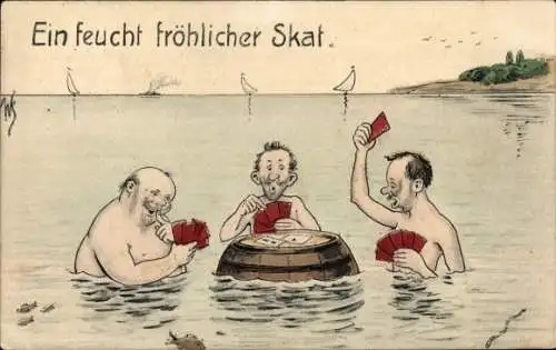 Künstler Ak Scheuermann, Willi, Skat, Männer beim Kartenspiel im Wasser
