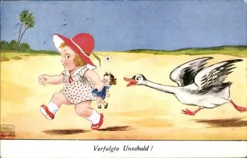Künstler Ak Wills, John, Verfolgte Unschuld, Mädchen mit Puppe flieht vor einer Gans