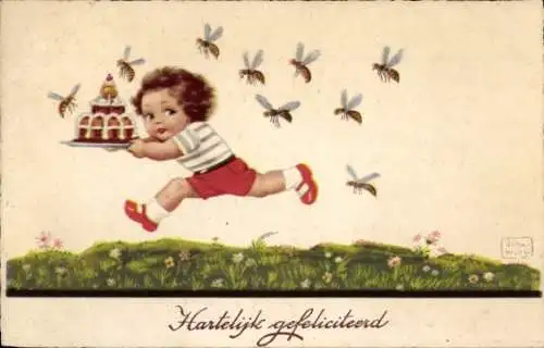 Künstler Ak Wills, John, Kind mit Kuchen, Wespenschwarm