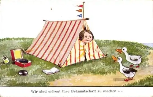 Künstler Ak Wills, John, Kind in einem Zelt, Plattenspieler, Gänse