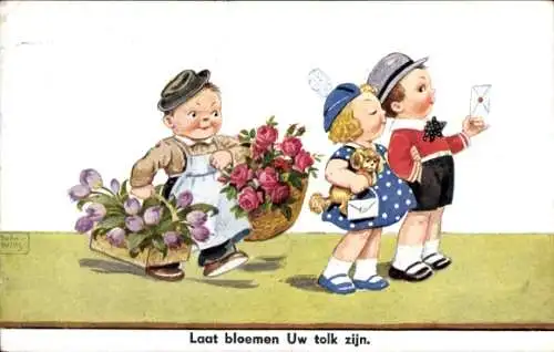 Künstler Ak Wills, John, Glückwunsch zum Geburtstag, Kinder mit Blumen