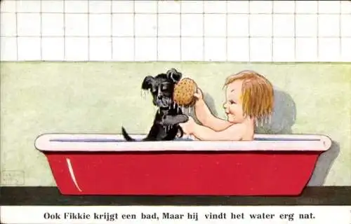 Künstler Ak Wills, John, Kind mit Hund in der Badewanne, Schwamm