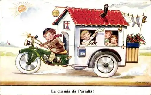 Künstler Ak Kinder in einem Wohnwagen, Motorrad, le Chemin du Paradis