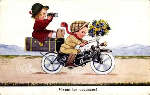 Künstler Ak Wills, John, Kinder auf einem Motorrad, Reisegepäck, Blumenstrauß, Fernglas