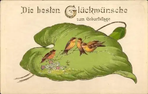 Präge Litho Glückwunsch Geburtstag, Vögel, Laubblatt