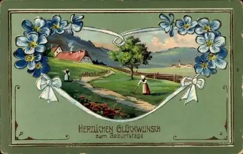 Passepartout Ak Glückwunsch Geburtstag, Blumen, Schleifen, Frau mit Harke