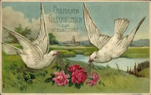 Präge Ak Glückwunsch Geburtstag, Tauben, Rosen