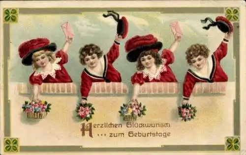 Passepartout Ak Glückwunsch, Vier Kinder in Rot werfen Briefe und Blumen