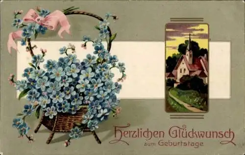 Präge Ak Glückwunsch Geburtstag, Vergissmeinnicht, Korb, Kirche