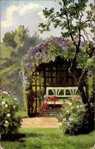 Ak Dorfidyll, Garten, Weiße Sitzbank, Blumensträuche