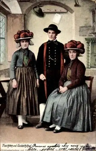 Ak Gutachtal Schwarzwald, Frauen und Mann in Trachten, Bollenhut