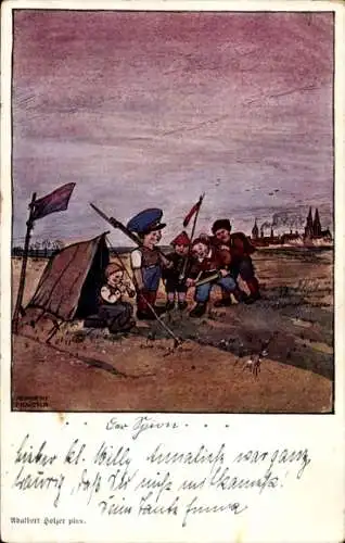 Künstler Ak Holzer, A., Deutscher Kampf 1914, Kinder als Soldaten