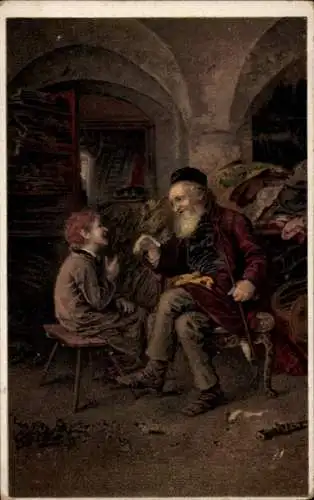 Judaika Künstler Ak Knauss, Salomonische Weisheit, alter Mann mit Stabpfeife und Junge