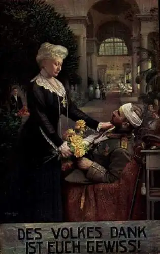 Künstler Ak Fischer, Des Volkes Dank ist euch gewiss,Kaiserin Auguste Viktoria besucht Kriegsveteran