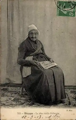Ak Dieppe Seine Maritime, Alternde Frau, Postkarte, Portrait, 1913, P. Blin.