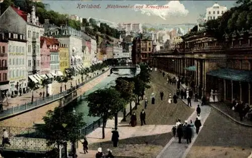 Ak Karlovy Vary Karlsbad Stadt,  Mahlbrunnkai und Kreuzgasse, Stadtansicht, Fluss