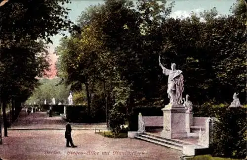 Ak Berlin Tiergarten, Siegesallee mit Standbildern, Statue, Park, Spaziergänger