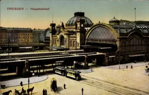 Ak Dresden Altstadt Friedrichstadt, Dresden Hauptbahnhof, Bahnhof, Tram, historische Architektur