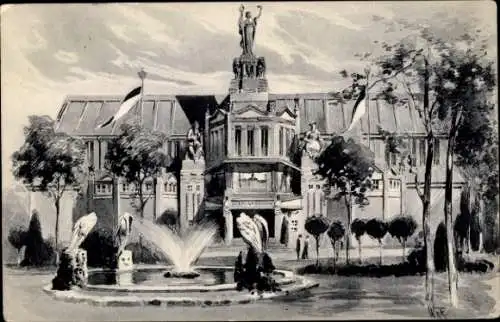 Ak Nürnberg, Bayerische Jubiläums Landesausstellung 1906, Bauwerk, fountain, Statuen, u.a., Ju...
