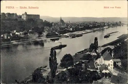 Ak Pirna an der Elbe, Blick auf  Sächsische Schweiz, Flussansicht, historische Architektur