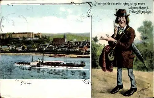 Ak Pirna an der Elbe, Panorama von  Dampfschiff im Vordergrund, Humorvolle Figur