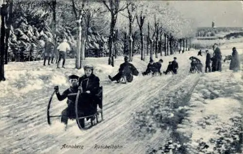 Ak Annaberg Buchholz im Erzgebirge, Schlittenfahrt, Schneelandschaft, Annaberg Ruschelbahn, Me...