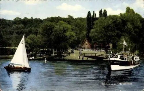 Ak Berlin Zehlendorf Wannsee, Pfaueninsel, Wirtshaus zur  Segelboot, Ausflugsboot, Grünanlagen