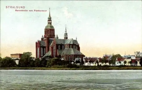 Ak Stralsund in Vorpommern, Marienkirche, Frankenteich, historische Architektur