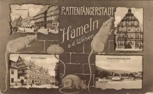 Ak Hameln an der Weser, Rattenfängerhaus, Hochzeitshaus, Osterstraße, Dampferlandungsplatz