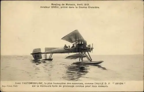 Ak Meeting de Monaco Avril 1913, Aviateur Bregi, prime dans la Course Croisiere, Wasserflugzeug