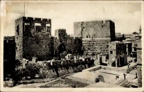 Ak Jerusalem Israel, Turm von David, Hippicus,  Architektur, Schwarz-Weiß-Foto