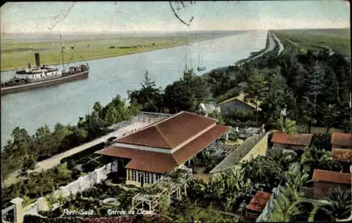 Ak Port Said Ägypten, Hafenansicht, Schiffe, Kanal, Villa, Garten