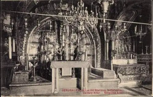Ak Jerusalem Israel, Innenansicht einer Kirche, Kalvarienberg, Altar, religiöse Ausstattung