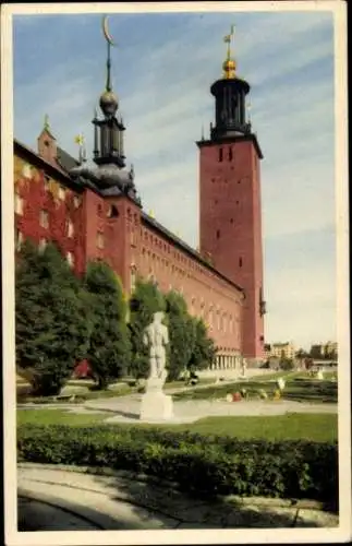 Ak Stockholm Schweden, Stadshuset, Garten, Statue, Wolken
