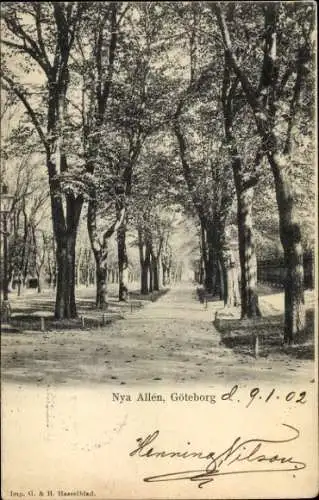 Ak Göteborg Schweden, Nya Allén, Bäume, Weg, Schwarz-Weiß-Foto, Handschrift