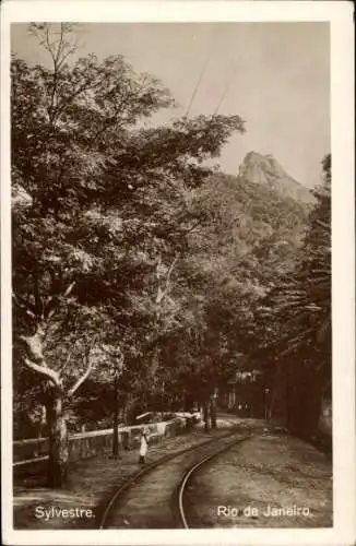 Ak Rio de Janeiro Brasilien, Eisenbahnlinie, Berge, Bäume, Weg, Schwarz-Weiß Bild