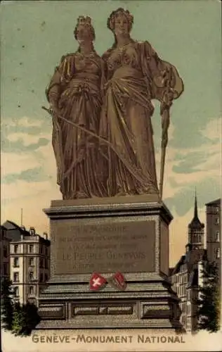 Ak Genf Stadt Schweiz, Monument Nationale, zwei Figuren,  Erinnerung, Schweizer Flagge, Architekt