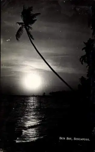 Ak Singapore Singapur , Sonnenuntergang, Palmen, Meer, ruhige Wasseroberfläche